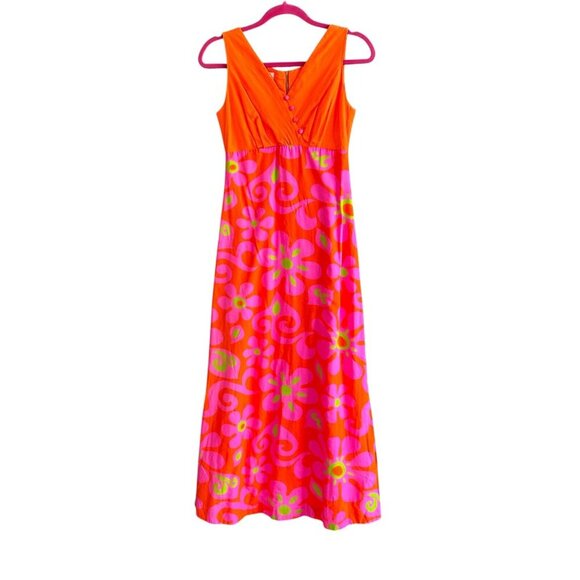 Ludy for Ludi’s Honolulu Vintage 70s Hawaiian Tiki Neon Pink Orange Dress - Picture 1 of 10